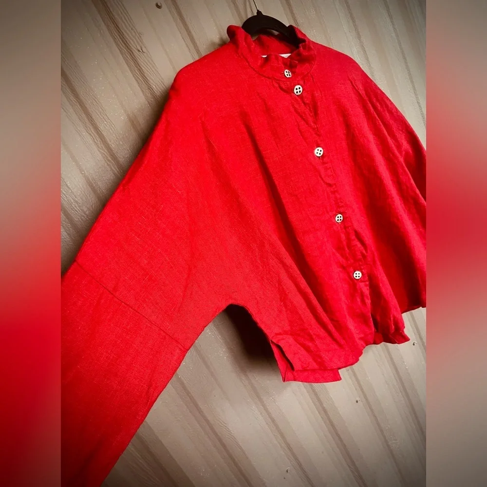 Itemz Chris Baumgartner 100% Linen Top Lagenlook Red Crop Dolman Slv USA OS FLAW - Picture 7 of 16